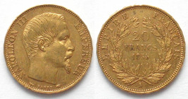 FRANCE. 20 Francs 1855 A, dog head, Napoleon III, gold, AU