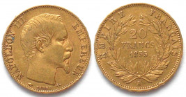 FRANCE. 20 Francs 1855 A, Napoleon III, gold, XF
