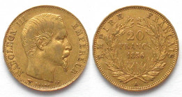 FRANCE. 20 Francs 1856 A, Napoleon III, gold, AU