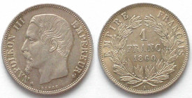 FRANCE. 1 Franc 1860 A (b), Napoleon III, silver, UNC-!