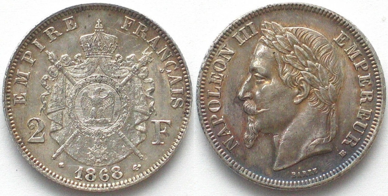 FRANCE. 2 Francs 1868 BB, Napoleon III, silver, AU!
KM 807.1, Gadoury 527