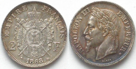FRANCE. 2 Francs 1868 BB, Napoleon III, silver, AU!