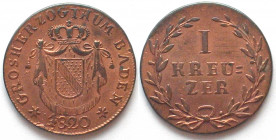 BADEN-DURLACH. Kreuzer 1820, Ludwig, copper, AU!