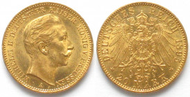 PRUSSIA. 20 Mark 1895 A, Wilhelm II, gold, Prooflike early strike!