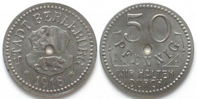 GERMANY. Notgeld, Berleburg (Westfalen), 50 Pfennig 1918, iron, 1mm thin flan, UNC, scarce!