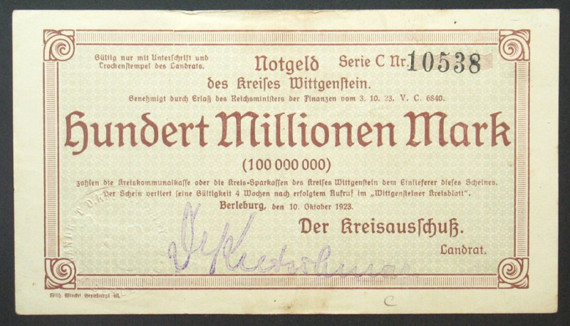 GERMANY. Notgeld. Kreis Wittgenstein, 100 Mio Mark 10.10.1923, XF, rare!
Wittge...