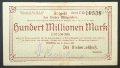 GERMANY. Notgeld. Kreis Wittgenstein, 100 Mio Mark 10.10.1923, XF, rare!