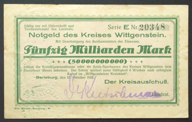 GERMANY. Notgeld. Kreis Wittgenstein, 50 Billion Mark 31.10.1923, VF+, rare!
Wi...