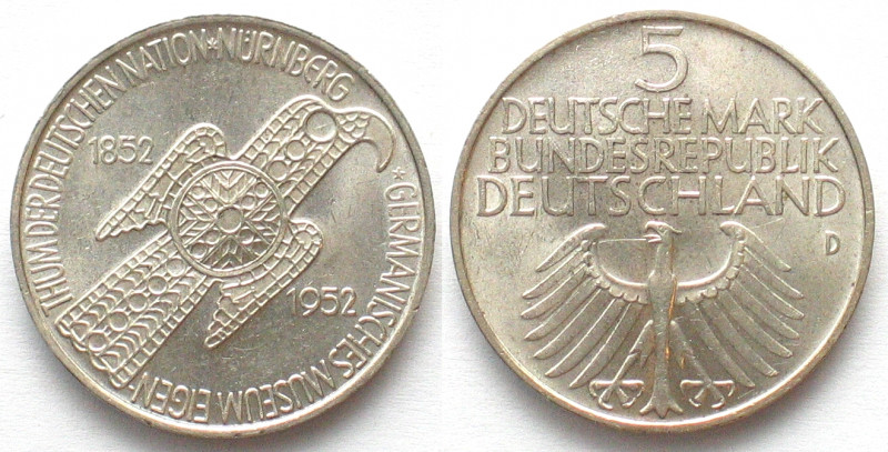 GERMANY. Federal Republic, 5 Mark 1952 D, GERMANISCHES MUSEUM, silver, UNC-!!!
...
