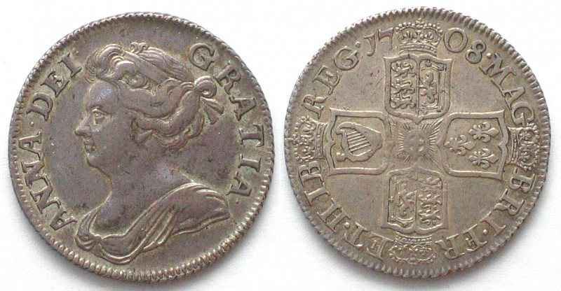 GREAT BRITAIN. Shilling 1708, Anne, silver, XF!
Spink 3610