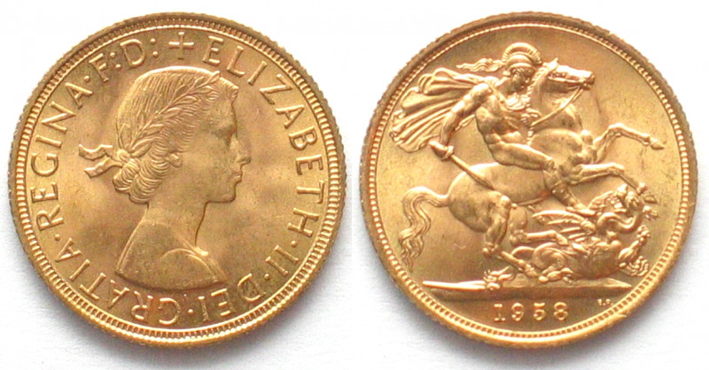 GREAT BRITAIN. Sovereign 1958, Elizabeth II, gold, UNC
Gold 7.99g (0.917), KM #...