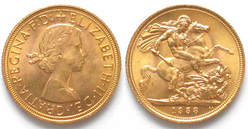 GREAT BRITAIN. Sovereign 1958, Elizabeth II, gold, UNC
Gold 7.99g (0.917), KM #...