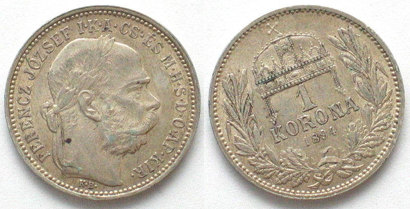 HUNGARY. 1 Korona 1894 KB, Franz Joseph I, silver, AU, mint error, die rotation...