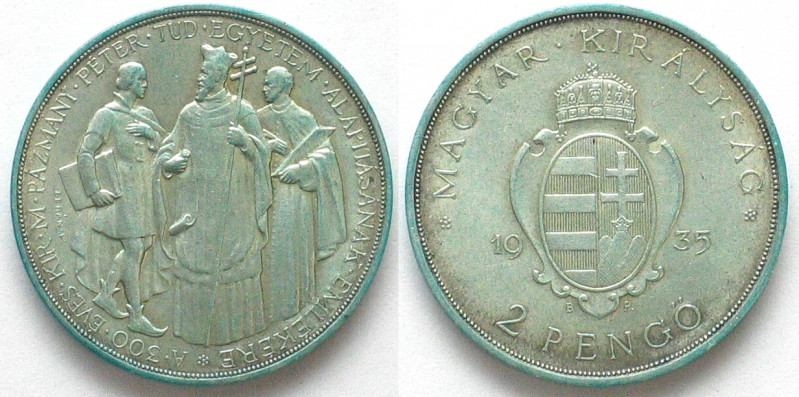 HUNGARY. 2 Pengö 1935, Pazmany University, silver, AU
KM # 513