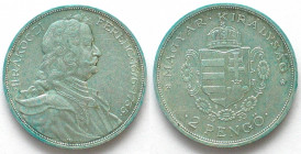 HUNGARY. 2 Pengö 1935, Ferenc Rakoczi, silver, AU