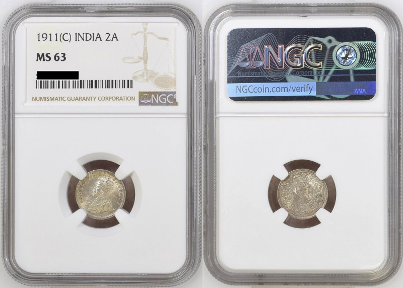 INDIA. British. 2 Annas 1911 (C), George V, one year pig rupee type, silver, NGC...