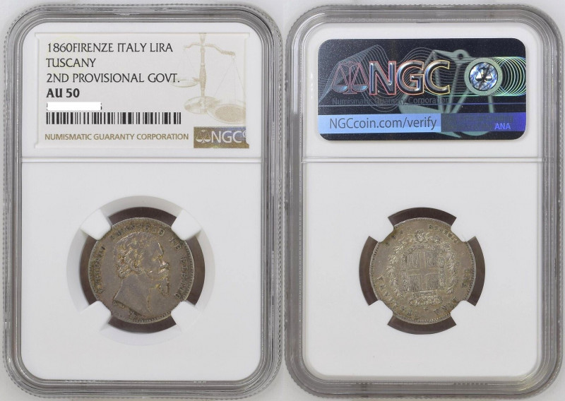 TUSCANY. Emilia. Lira 1860, Firenze, Vittorio Emanuele II, silver, NGC AU 50
KM...