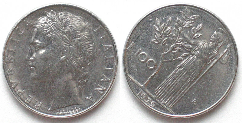 ITALY. 100 Lire 1979, steel, 30° die rotation mint error, AU, scarce!
KM # 96.1...