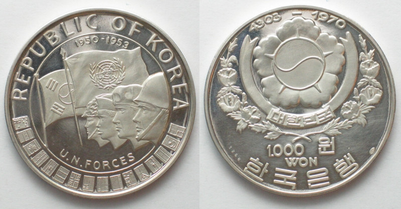 SOUTH KOREA. 1000 Won 1970, U.N. Forces, silver, Proof, rare!
KM # 13. Common h...