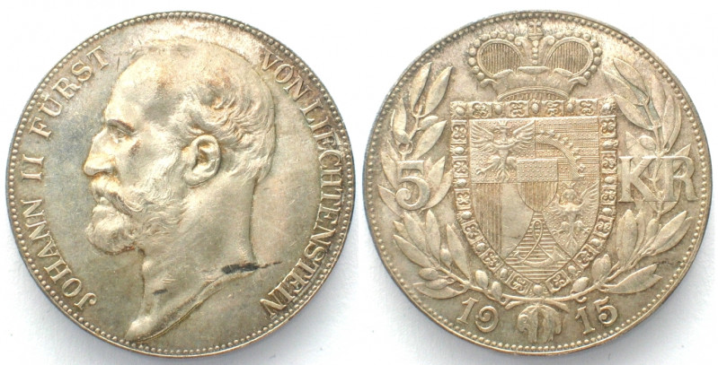 LIECHTENSTEIN. 5 Kronen 1915, John II, silver, BU!
HMZ 2-1376e, Y# 4. In excell...