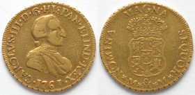 MEXICO. 2 Escudos 1761 MM, Mo Mexico City, Carlos III, gold, rare! VF