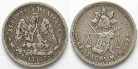 MEXICO. 25 Centavos 1874 Mo B, silver, VF