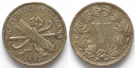MEXICO. 5 Centavos 1883, Cu-Ni, AU, very scarce!