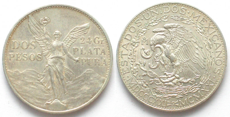 MEXICO. 2 Pesos 1921, INDEPENDENCE CENTENNIAL, silver, AU
KM # 462, scarce in t...