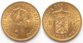 NETHERLANDS. 10 Gulden 1932, WILHELMINA, gold, BU!