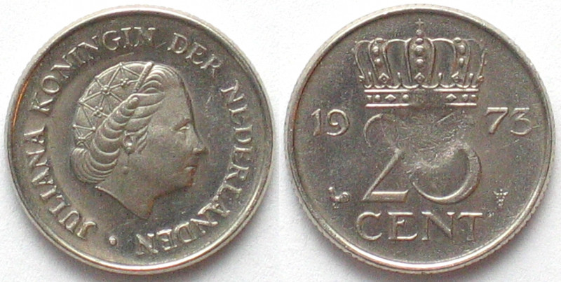 NETHERLANDS. 25 Cents 1973, Juliana, strike through mint error, rare!
KM # 183....