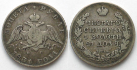 RUSSIA. Rouble 1831, Open 2, NICHOLAS I, silver VF+