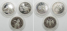 RUSSIA. Set 3 x 1 Rouble 2000 Wildlife, Red Book, silver Proof