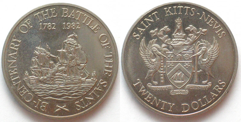 SAINT KITTS & NEVIS 20 Dollars 1982, Battle of the Saints, Cu-Ni, UNC
KM # 4.