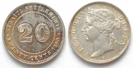 STRAITS SETTLEMENTS. 20 Cents 1890 H, Victoria, silver, UNC-!