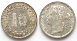 STRAITS SETTLEMENTS. 10 Cents 1891, Victoria, silver, UNC-!