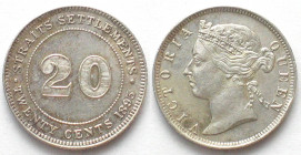 STRAITS SETTLEMENTS. 20 Cents 1893, Victoria, silver, UNC-!