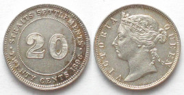 STRAITS SETTLEMENTS. 20 Cents 1896, Victoria, silver. UNC-!