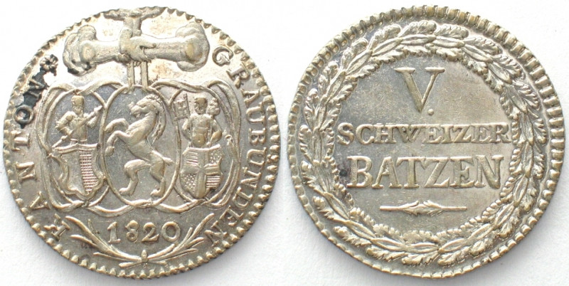 GRAUBÜNDEN. Kanton. 5 Batzen 1820, Silber, Erstabschlag! unz(UNC)
HMZ 2-604b. F...