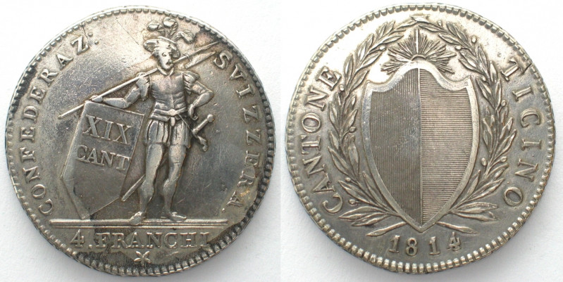 TESSIN / TICINO. 4 Franken (Neutaler) 1814, Mzz. Stern, Silber, sehr selten! ss+...