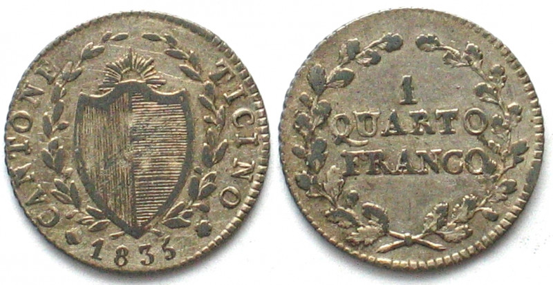 TESSIN / TICINO. Viertelfranken (Quarto Franco) 1835, Silber, vz(XF)
HMZ 2-927a...
