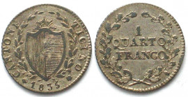 TESSIN / TICINO. Viertelfranken (Quarto Franco) 1835, Silber, vz(XF)