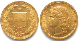 SWITZERLAND. 20 Francs 1886, Helvetia, gold, UNC!