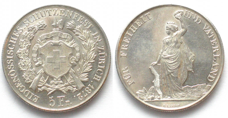 ZURICH. 5 Francs 1872, Shooting Festival, silver, Prooflike!
ZÜRICH. 5 Franken ...