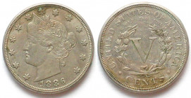 USA. 1886 Philadelphia Liberty Head Nickel, 5 Cents, Cu-Ni, key date! XF!