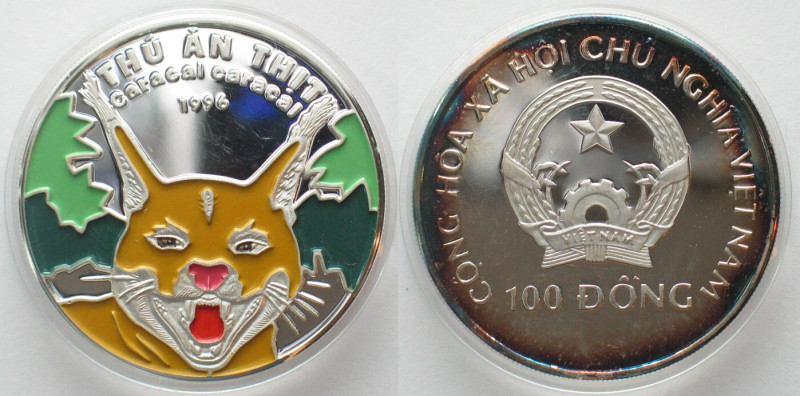 VIETNAM. 100 Dong 1996, CARACAL, silver, colored Proof
KM # 48. Übliche Regenbo...