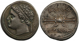 Sicily, Syracuse, Hieronymous (215-214 B.C.), silver 10-Litrai, diademed head facing left, retrograde K behind, rev. BAΣIΛEOΣ / IEPΩNYMOY, winged thun...