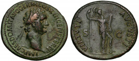 Domitian (AD 81-96), copper As, Rome, AD 87, IMP CAES DOMIT AVG GERM COS XIII CENS PER P P, laureate head right, rev. VIRTVTI AVGVSTI, S-C, Virtus sta...