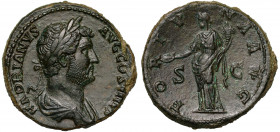 Hadrian (AD 117-138), Ae Sestertius, Rome, AD 134-138, HADRIANVS AVG COS III P P, laureate and draped bust right, rev. FORTVNA AVG S-C, Fortuna standi...