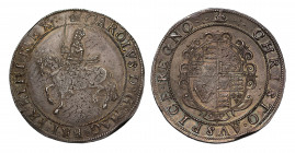 AU58 | Charles I (1625-49), silver Crown, Tower Mint, type 3, armoured King on horseback left with raised sword and flowing sash, Latin legend and bea...