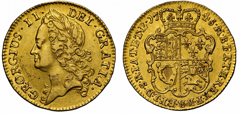 George II (1727-60), gold Guinea, 1745, intermediate laureate head left, no LIMA...